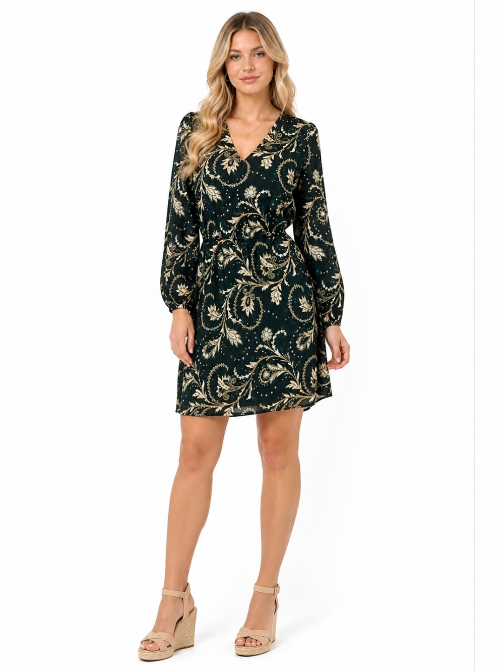 Ann Taylor Factory Petite Paisley Wrap Dress Green Long Sleeve SP